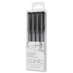 A single Set A Black Copic Multiliner Set is shown vertically in the center of the frame. There are 4 markers in a plastic pouch. You can see the markers through the packaging. The markers have dark grey barrels and the Copic logo is printed on the barrels. On a white background.