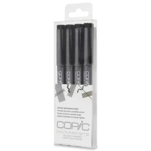 A single Set B Black Copic Multiliner Set is shown vertically in the center of the frame. There are 4 markers in a plastic pouch. You can see the markers through the packaging. The markers have dark grey barrels and the Copic logo is printed on the barrels. On a white background.