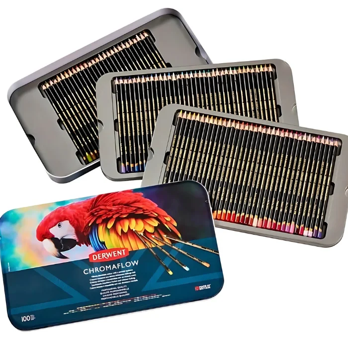 A single Set of 100 Derwent Chromaflow Pencils is shown standing horizontally in the center of the frame. The tin has a picture of a colourful red parrot on the front
