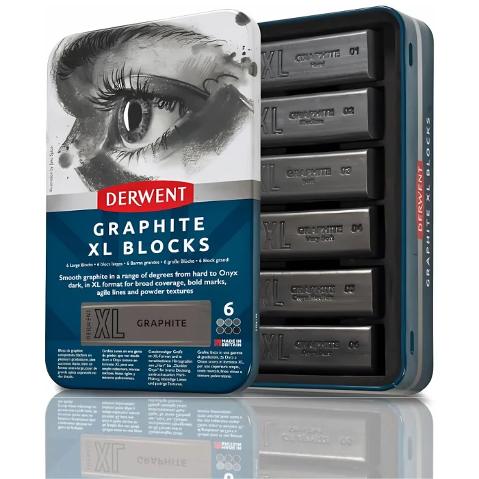 A single Set of 6 Set of 6 Derwent Graphite XL Blocks is shown vertically in the center of the frame. The tin has a picture of a persons lips at the top of the tin and the bottom of the tin is blue with white text and has the details of the set printed on it. The Derwent logo is printed in red