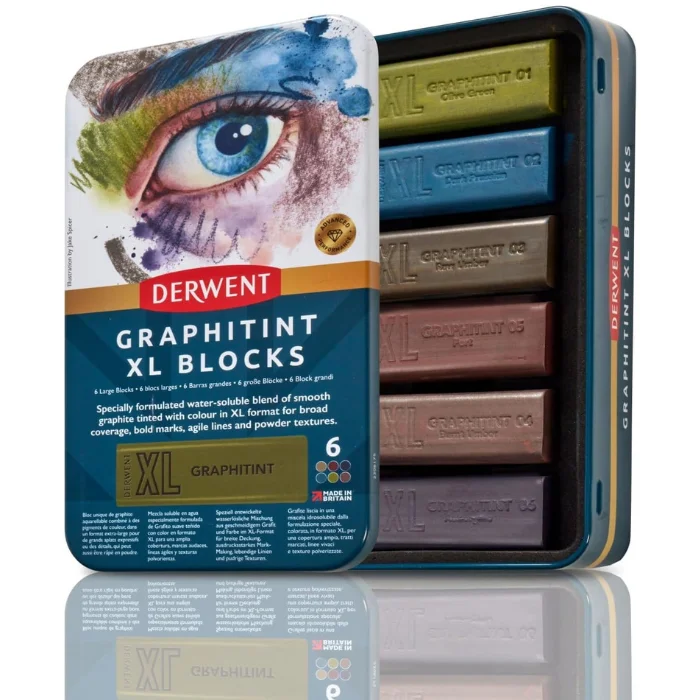 A single Set of 6 Derwent Graphitint XL Blocks is shown vertically in the center of the frame. The tin has a picture of a persons lips at the top of the tin and the bottom of the tin is blue with white text and has the details of the set printed on it. The Derwent logo is printed in red