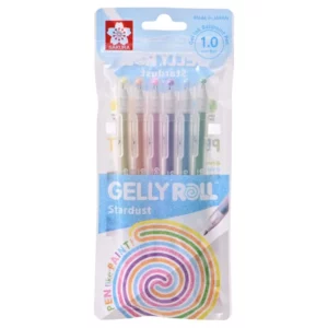 A single Stardust Sakura Gelly Roll Set of 6 is shown vertically in the center of the frame. The pens are shown in a plastic packet that is printed and has the Sakura brand printed on it. You can see the 6 pens through the packet. On a white background.